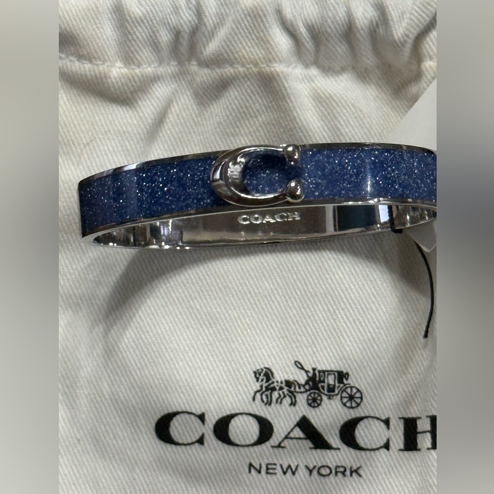 Coach Hinged Blue Glitter Enamel Bangle Bracelet Silver Tone NWT - Picture 3 of 7
